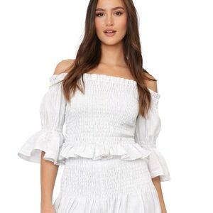 PosiTiamo Made In Italy White Linen Smocked Off Shoulder Top OSFM NWT